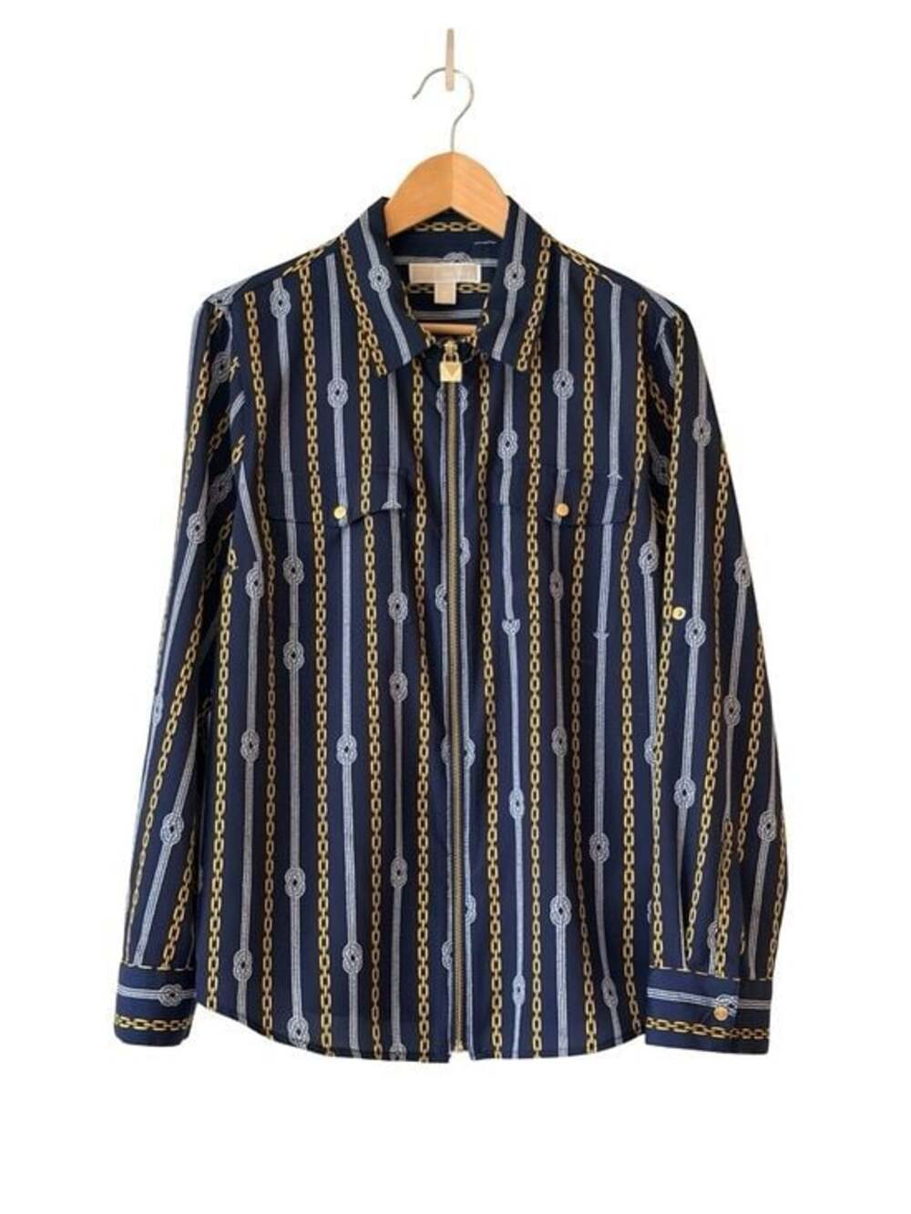 Michael Kors Navy Blue and Gold Chain Print Zip- Up Blouse